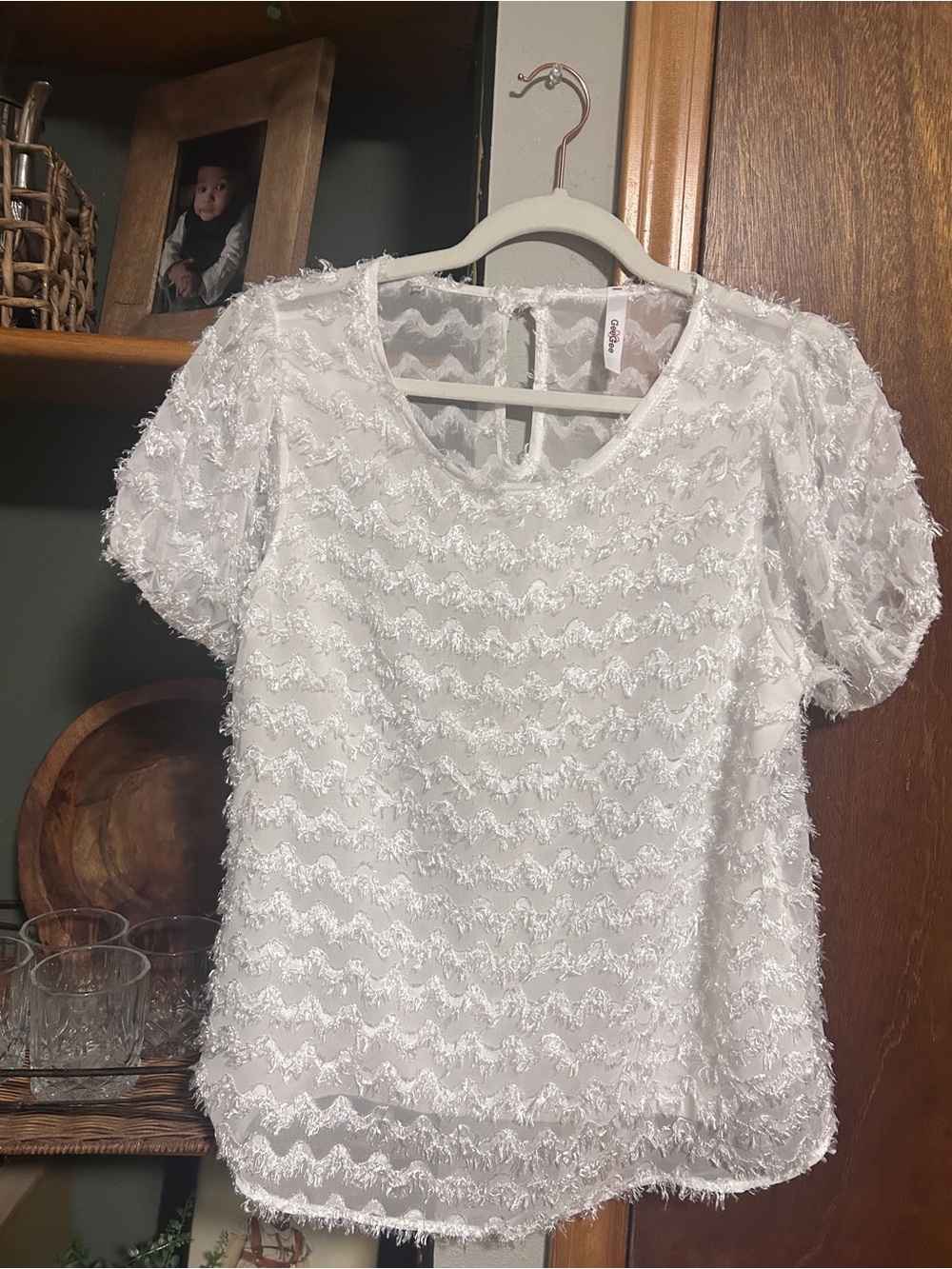 Women's White Textured Short Sleeve Top Sheer with Lined Front and Sheer Back